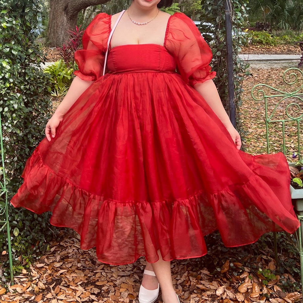 Selkie The Winter Red Silk Gauze French Puff Dress Medium